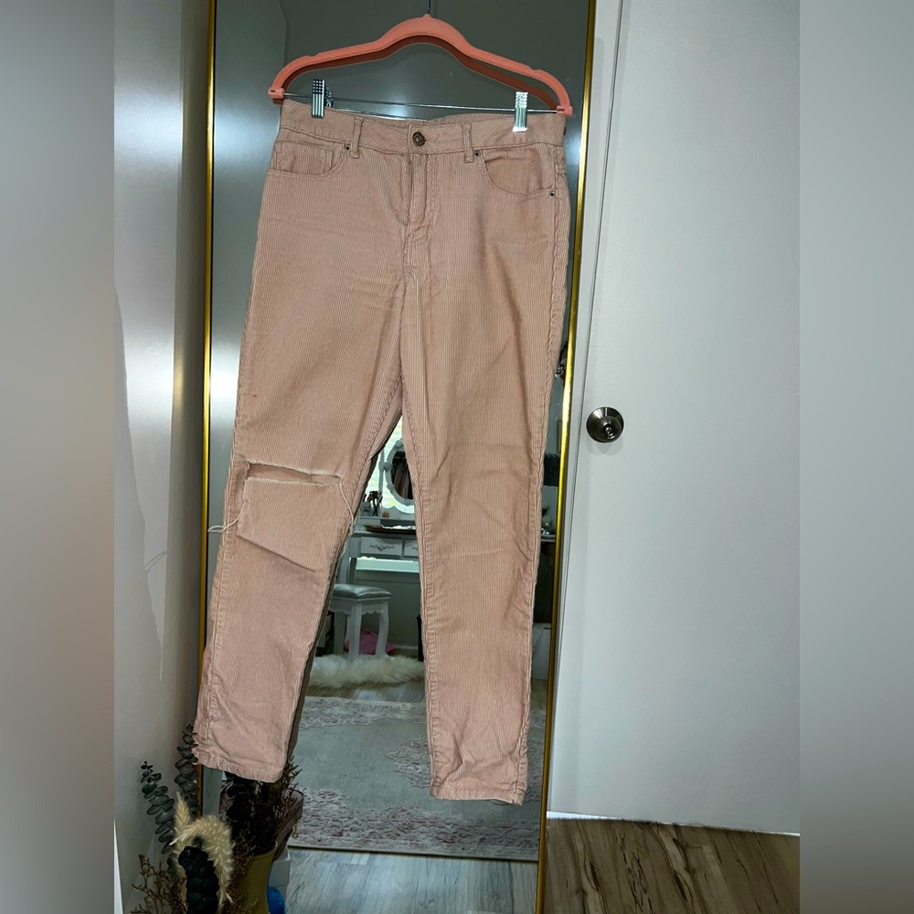 BLUSH PASTEL PINK CORDUROY MOM RIPPED JEANS PANTS F21